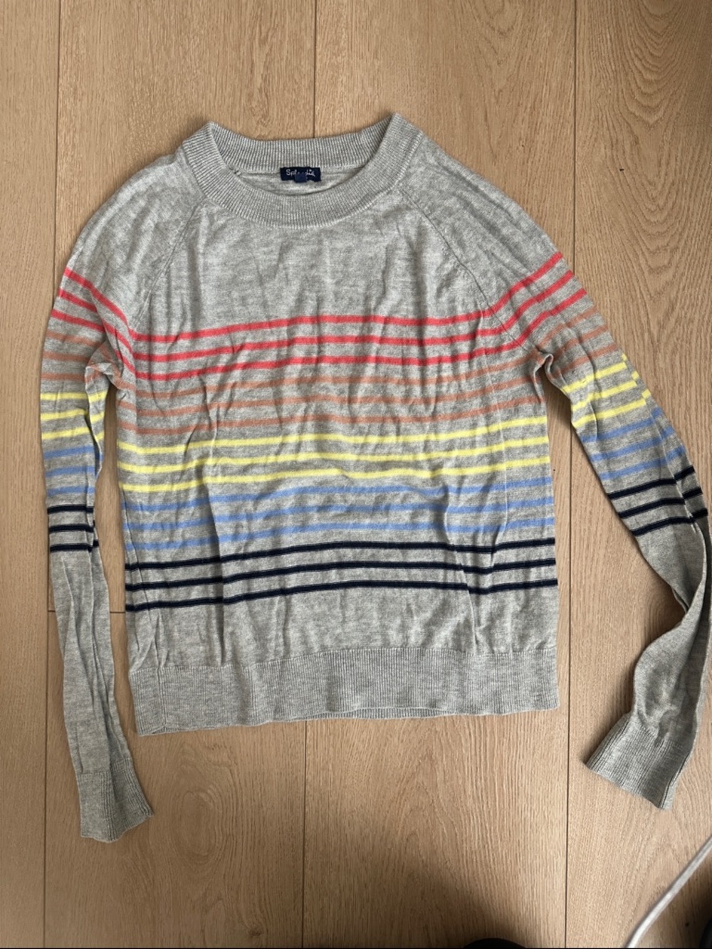 Splendid Light Gray Crewneck Sweater with Multicolor Stripe Accents